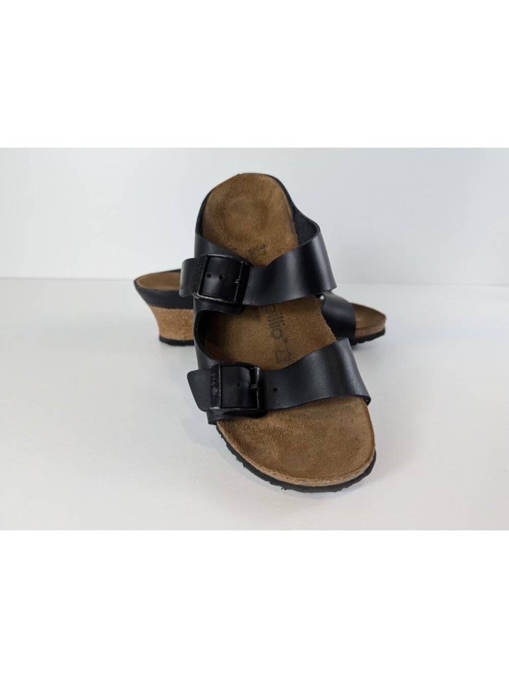Papillio Black Leather Sandals Size 37 With Adjustable Buckles & Cork Footbed